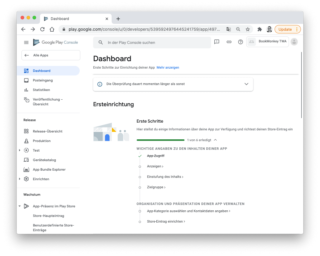 Google Play Console: Dashboard - Ersteinrichtung