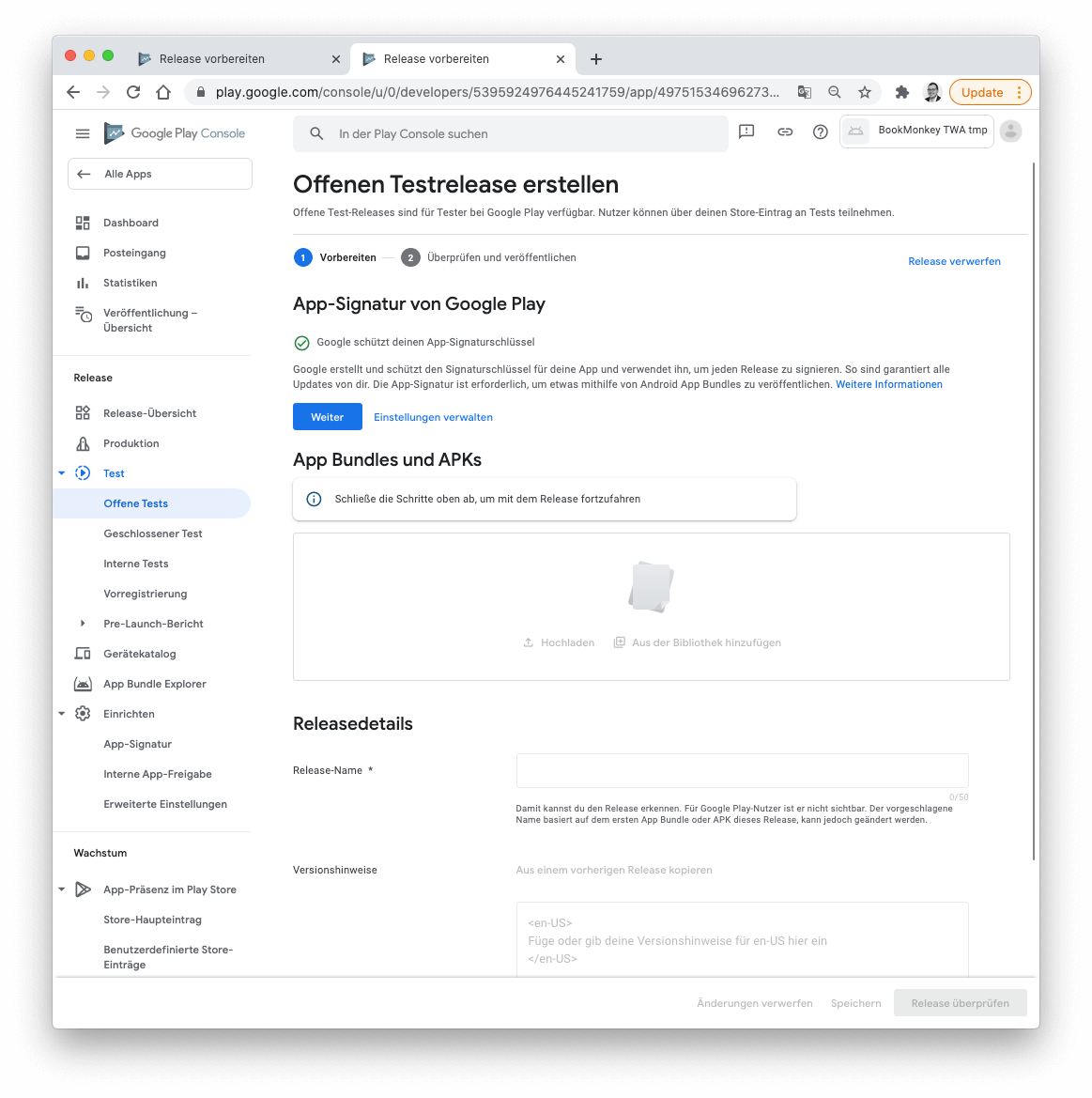 Google Play Console: Offenes Testrelease erstellen