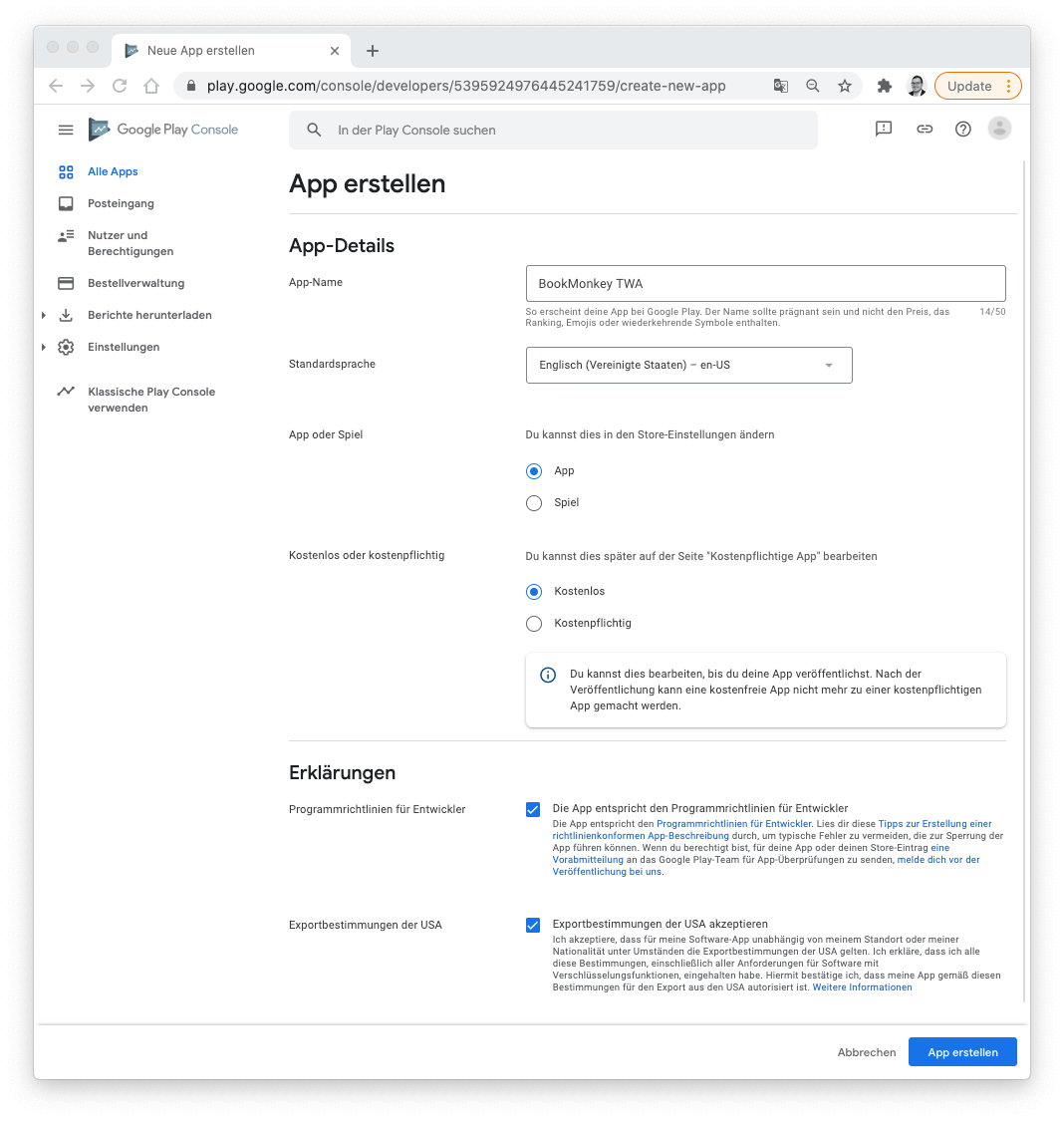 Google Play Console: Eine neue Anwendung erzeugen
