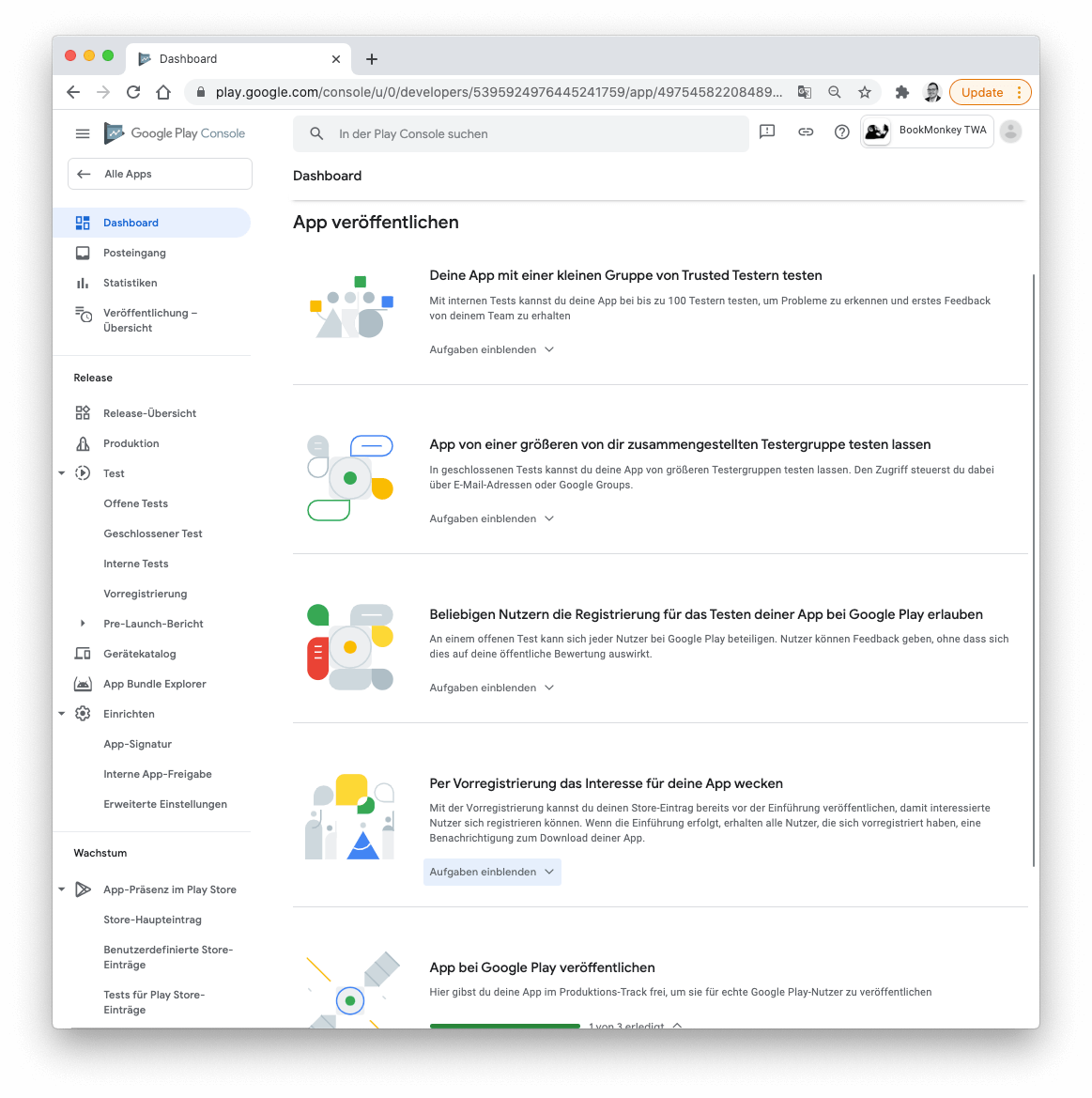 Google Play Console: Dashboard - App veröffentlichen