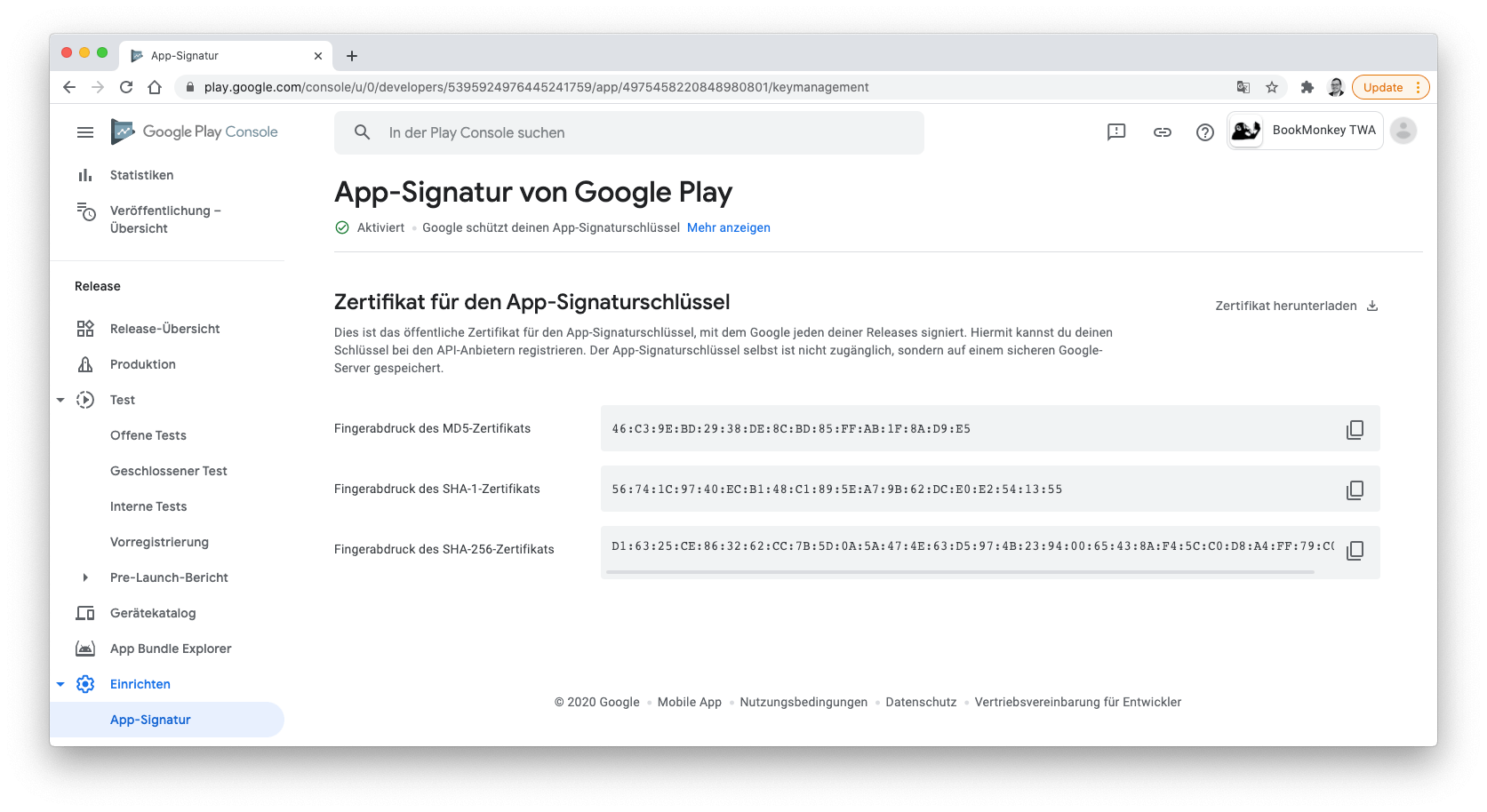 Google Play Console: Kopieren des App-Signaturschlüssels