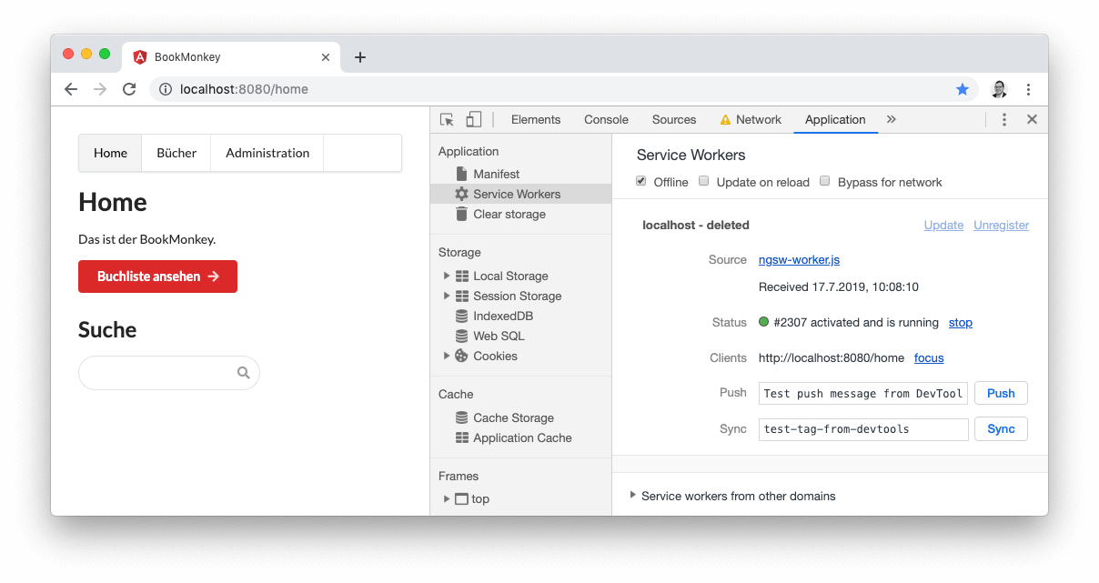 Screenshot BookMonkey PWA, Offline-Modus in den Google Chrome Developer Tools aktivieren