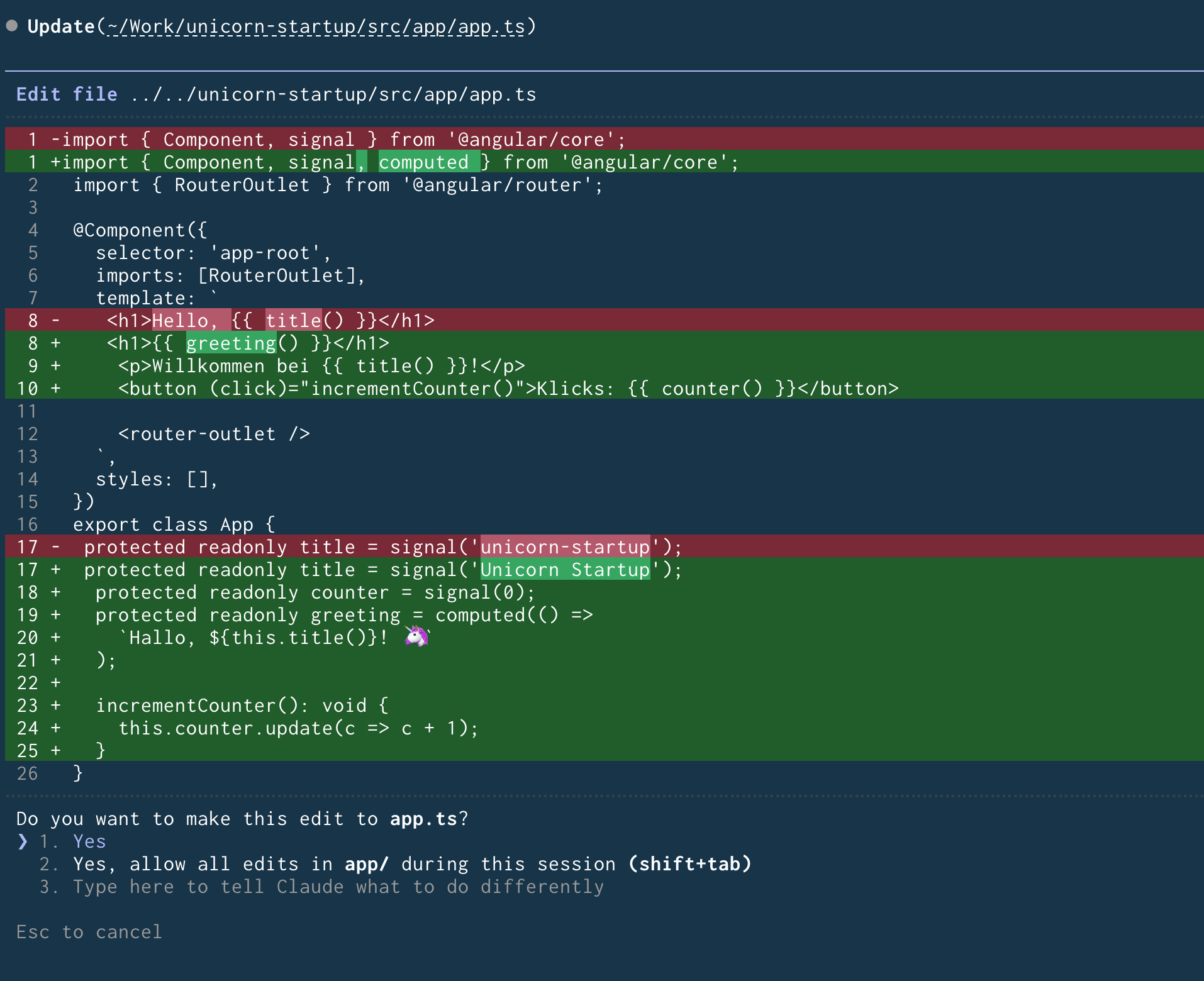 Terminal-Ausgabe von Claude Code: Ein Diff zeigt geplante Änderungen an der Datei app.ts – rote Zeilen werden entfernt, grüne hinzugefügt. Darunter die Bestätigungsabfrage mit den Optionen Yes, Yes allow all edits, Type here to tell Claude what to do differently, und Esc to cancel.