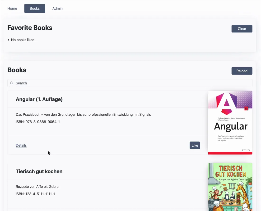 Das Ziel: ein zusammenhängender Übergang von der Buchliste zur Detailseite. Animierte Demo im Book Manager: Beim Klick auf ein Buch in der Liste morpht das Cover zusammen mit Titel, Untertitel und ISBN flüssig in die Detailansicht.